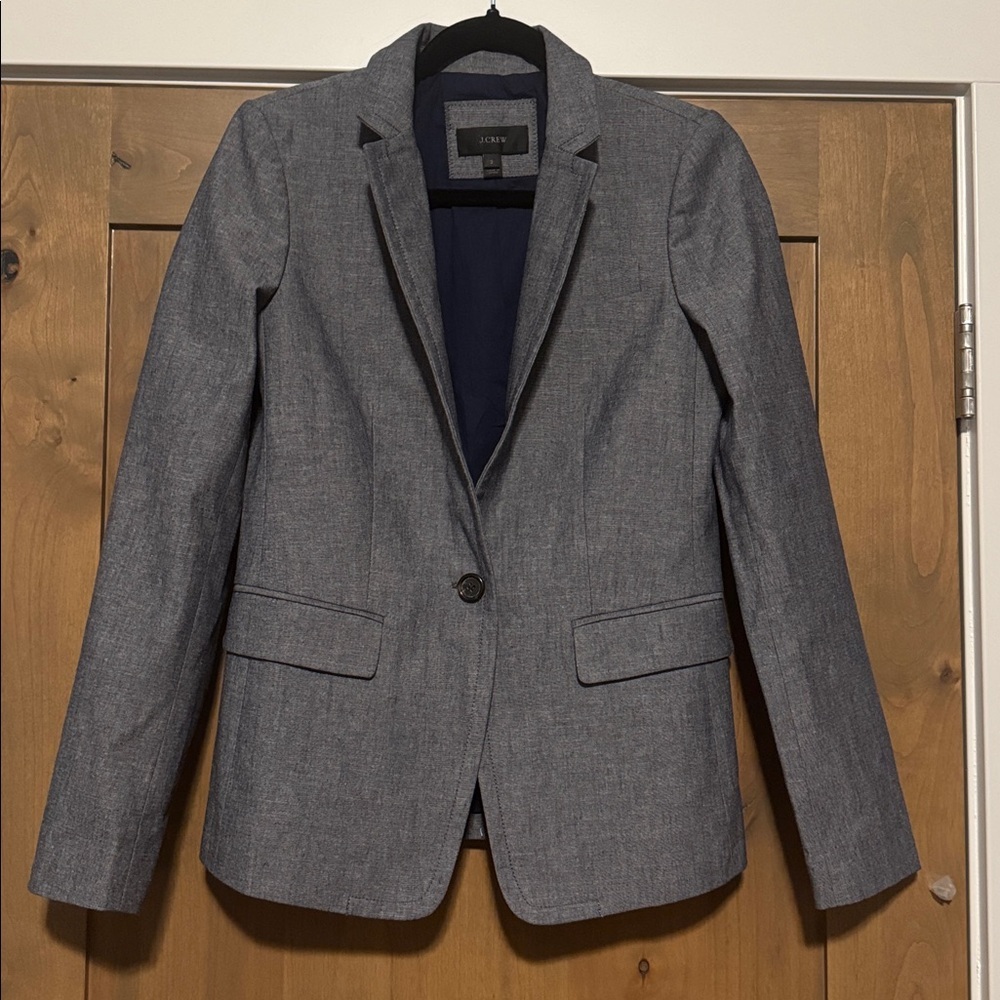 NWOT J. Crew Cotton Chambray Blazer Lined 1 button Preppy Academia Blue fitted